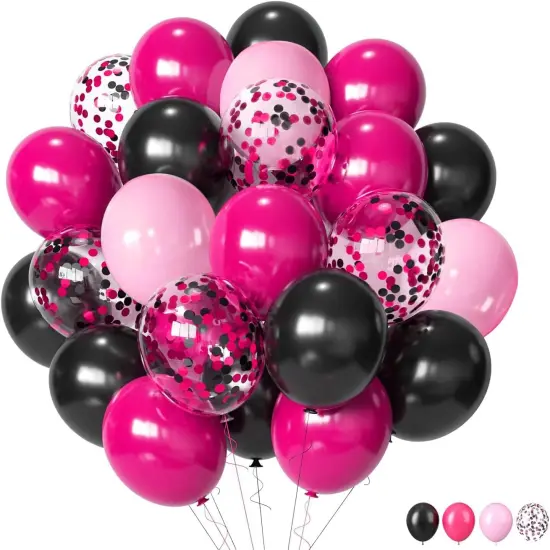50pcs Balloons 12 Inch Hot Pink Black and Glitter Confetti Balloons {1}