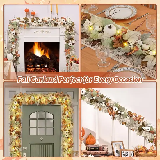 Fall Garland with Lights, White Pumpkins Berries & Maple Leaves - 1PC {4}