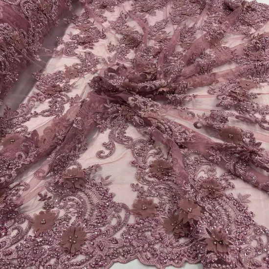 1 Yard Sage 3D Beaded Floral Embroidered Lace Fabric on Polyester Mesh, 52&rdquo; Wide {3}