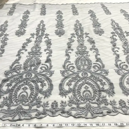 1 Yard Luxurious Beaded and Corded Bridal Lace Fabric Embroidered on 100% Polyester Net Mesh Blush 54" Width Grey {1}