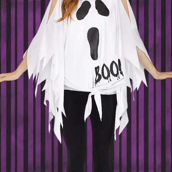 Ghost Print Adult Poncho Costume with Hood Over any Outfit {3}