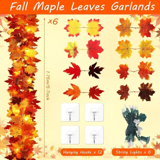6 Packs Fall Maple Leaves Garland with Lights - 5.8FT (Connectable) {2}