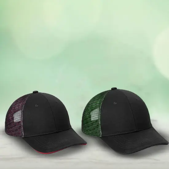 Port Authority&reg; Double Mesh Snapback Sandwich Bill Cap, Structured Mid Profile Hat with Iridescent Mesh Design Black/ Shock Green {7}