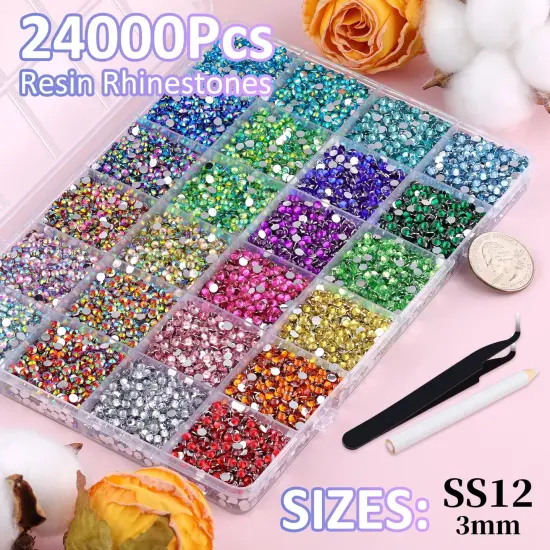 24000Pcs 3mm Resin Rhinestones with Tweezers and 3Pcs 10ml B7000 Glue - Multicolored {2}