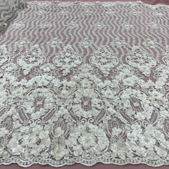 1 Yard Black Beaded 3D Floral Lace Fabric, Embroidered Mesh on 100% Polyester, 48" Wide Champagne {6}