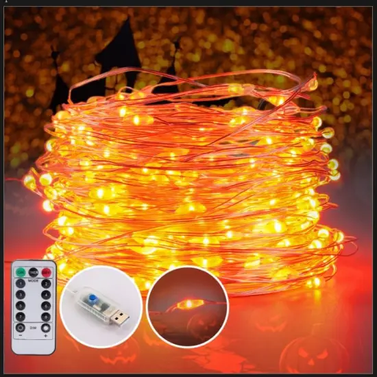 Orange USB Fairy String Lights, 33ft 100 LED with Remote & Timer {1}
