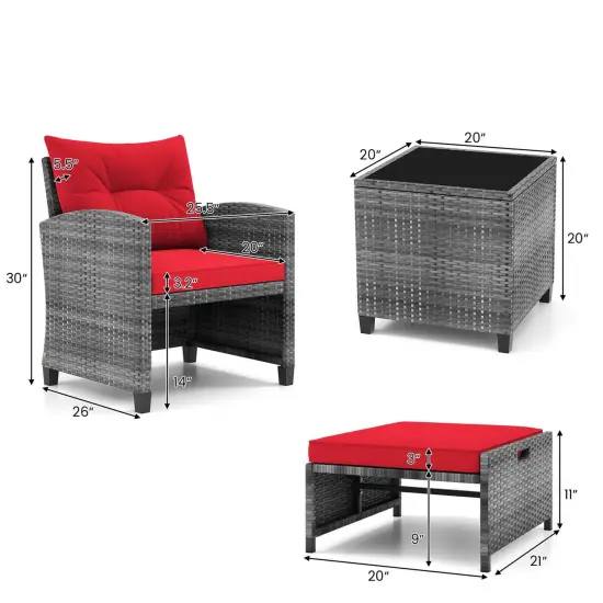 Costway 5 Piece Patio Rattan Furniture with 2 Ottomans & Tempered Glass Coffee Table Black/Grey/Navy/Beige/Red {3}