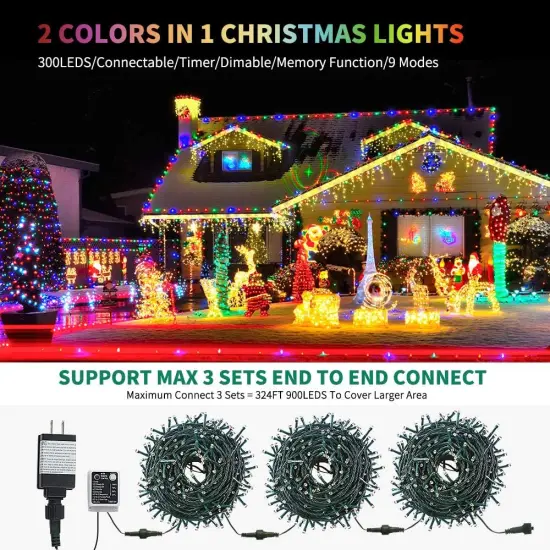 Color Changing Christmas String Lights - 108FT 300 LED (Warm White & Multicolor) {5}
