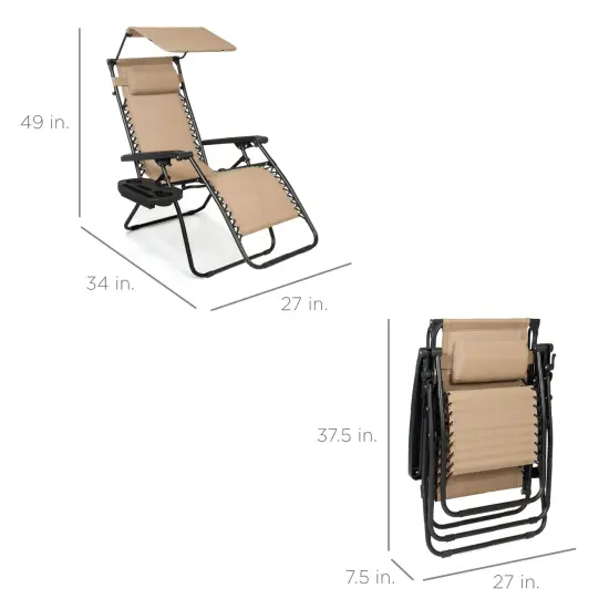 Best Choice Products Folding Zero Gravity Recliner Patio Lounge Chair w/ Canopy Shade, Headrest, Tray Beige {2}