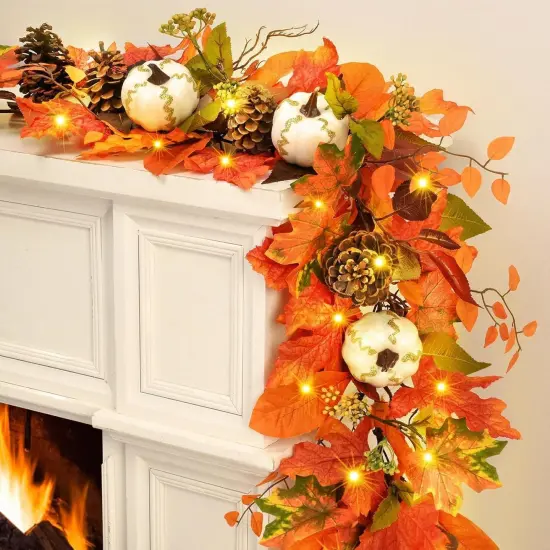 1 PACK - 6 FT Fall Garland with White Gilded Pumpkins {1}