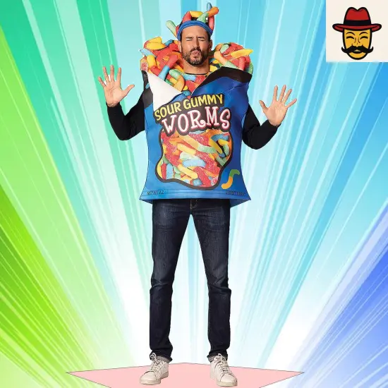Colorful Sour Gummy Worms Adult Costume with 3D Details for Halloween Fun {1}
