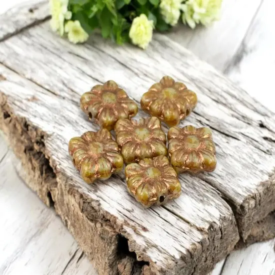 *13* 11mm Bronze Washed Pale Blue Travertine Square Zinnia Flower Beads {4}