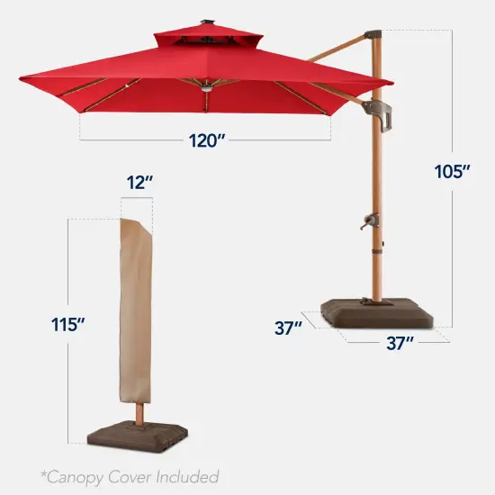 Best Choice Products 10ft Square Woodgrain Pattern 2-Tier Outdoor Solar LED Cantilever Umbrella w/ Base Red {2}