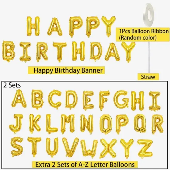 Happy Birthday Banner,Personalized Name Happy Birthday Balloon Banner Letters Balloons 2 Sets A-Z 16 Inch Reusable Foil Mylar Birthday Party Decorations for Women Men Boys Girls (Gold) {4}