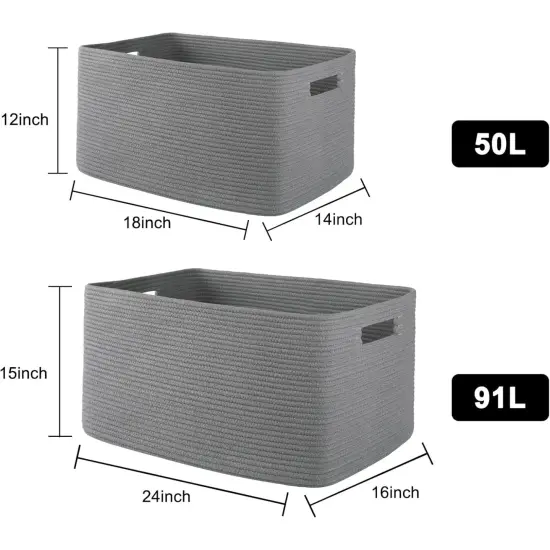 XXLarge Rectangle Blanket Basket-96L, Cotton Woven Basket for Storage, Dirty Clothes Basket for Living Room, Nursery, Bedroom, Toy Organizing with Handle, 24" x 16" x 15", Dark Grey {2}