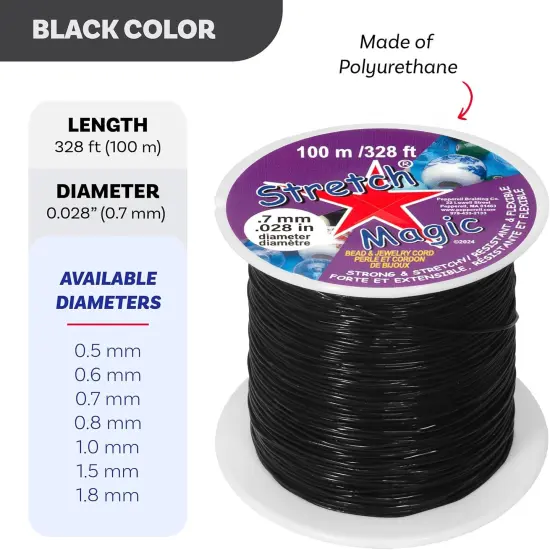 Stretch Magic Bead & Jewelry Cord - Strong & Stretchy, Easy to Knot - Black Color - 0.7mm Diameter - 100-meter (328 ft) Spool - Elastic String for Making Beaded Jewelry &ndash; Bonus Hypo Cement Glue {2}