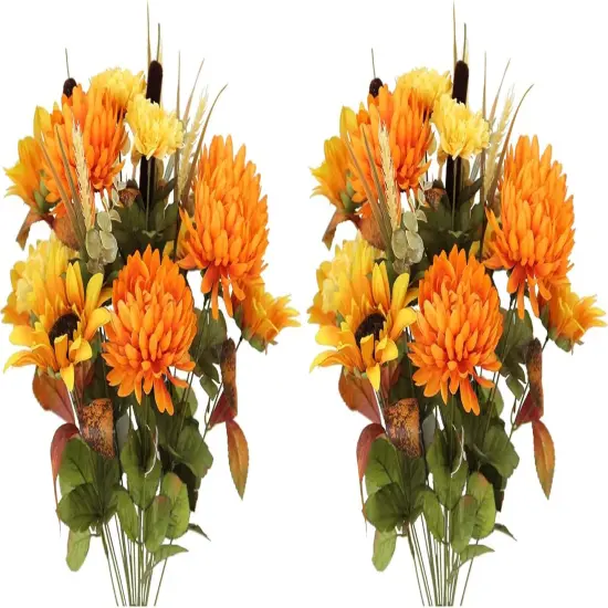 Set of 2 - 8 Stems Artificial Fall Mums Sunflowers - Gold Orange {1}