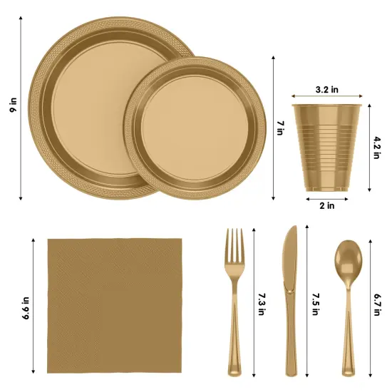 Exquisite 350 Pcs Plastic Plates for Party &ndash; Disposable Plates Set &ndash; 50 Each of 9" Dinner Plates, 7" Dessert Plates, Plastic Cups, Napkins & Plastic Cutlery &ndash; Plastic Dinnerware by Party Solids Gold {2}
