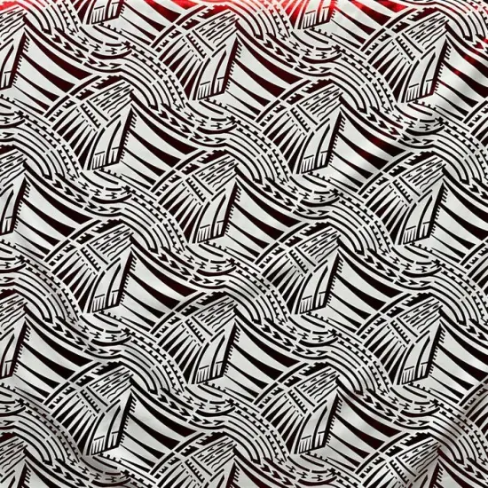 1 Yard Traditional Polynesian Pattern Polyester Foil Fabric, 100% Polyester, Reflective Tribal Design White & Red {4}