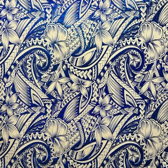 1 Yard Hibiscus Plumeria Polynesian Tattoo Polyester Foil Fabric, 36" x 60" Yard Unique Floral Shine for Apparel & Crafts Black & Gold {4}