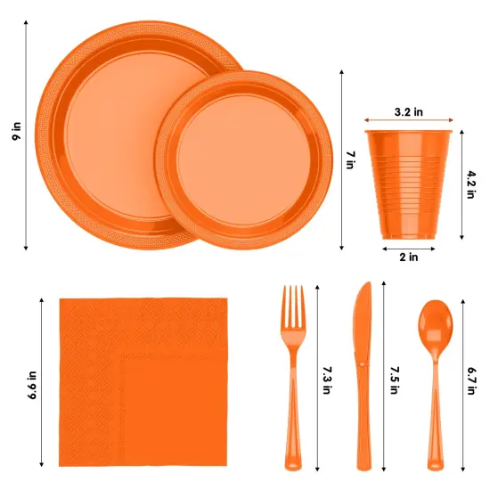 Exquisite 350 Pcs Plastic Plates for Party &ndash; Disposable Plates Set &ndash; 50 Each of 9" Dinner Plates, 7" Dessert Plates, Plastic Cups, Napkins & Plastic Cutlery &ndash; Plastic Dinnerware by Party Solids Orange {2}