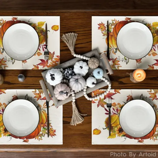 Set of 4 - Pumpkins Maple Leaves Fall Placemats - 12x18 Inch {3}