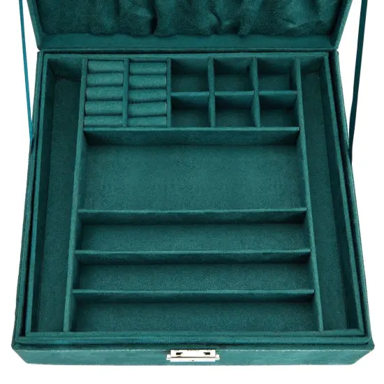 Velvet Jewelry Box Organizer - Lockable 2 Layer Travel Case, Earrings Storage with Removable Tray for Women, Men (Green) {7}