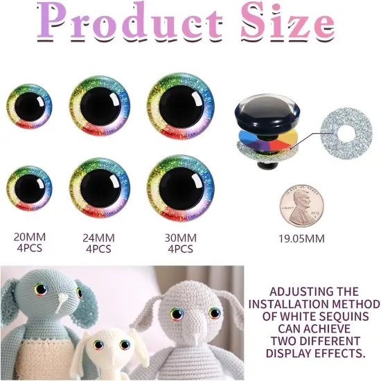 12pcs 20-30mm 3D Rainbow Glitter Safety Eyes for Crocheting with Washers {2}