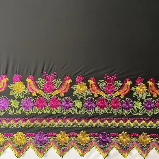 1 Yard Floral Bird Embroidered Double Border Polyester Fabric 56 Inch Width PurpleFrnch Fuchsia {2}