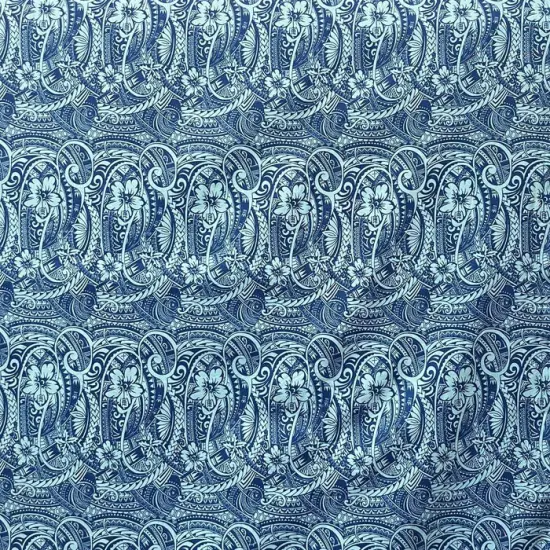 1 Yard Mini Hibiscus Flowers Polynesian Tattoo Fabric, 100% Polyester, 60 Inches Width Blue {6}