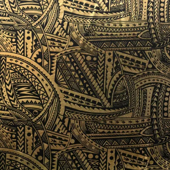 1 Yard Polynesian Tattoo Traditional Foil Fabric Metallic Print 60 Inches Wide Yellow/Green {2}
