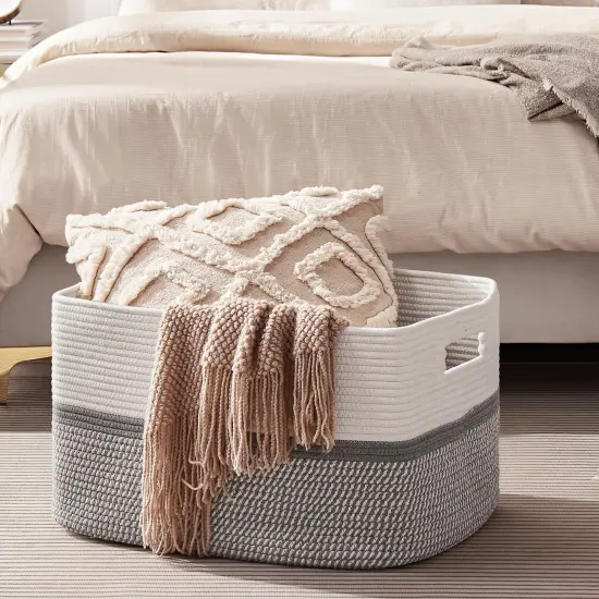 Extra Large Toy Storage Basket, Rectangle Cotton Rope Storage Basket, Blanket Basket Living Room, Woven Baskets for Organizing, 25 x 16 x 16 Inches-Grey/White {3}