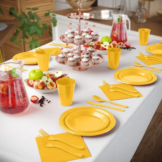Exquisite 350 Pcs Plastic Plates for Party &ndash; Disposable Plates Set &ndash; 50 Each of 9" Dinner Plates, 7" Dessert Plates, Plastic Cups, Napkins & Plastic Cutlery &ndash; Plastic Dinnerware by Party Solids Yellow {4}
