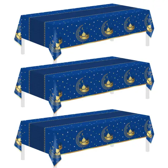 Ramadan Decorations, Table Cloth Rectangle, 3Pack Blue Tablecloth Disposable Ramadan Mubarak Decor Gift Eid Mubarak Decorations, Table Cover 54"x108" for Home, Kitchen, Outdoor Decoration for Ramadan {1}