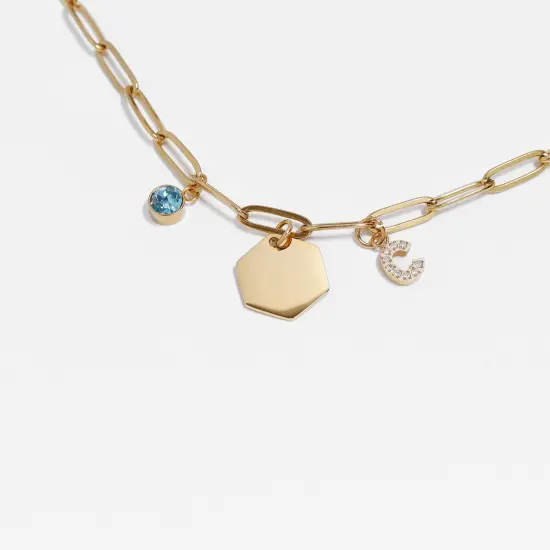 18K Gold PVD Stainless Steel Cubic Zirconia Birthstone Charm March/aquamarine {5}