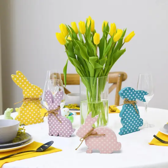 Gift Boutique Easter Bunny Table Decoration Centerpiece 4 Designs Decorative Wooden Spring Shaped Pastel Bunnies Rabbit Table Top Sign Decor Wood Tabletop for Office Dining Room Party Supplies {5}