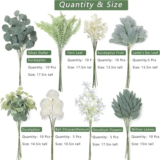 Artificial Greenery Stems Box Set(Pack of 65pcs) with 8 Kinds of Faux Plants and Fake Flowers {2}