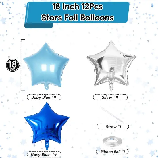 Blue Star Foil Balloons, 18 Inch Royal Blue Silver Stars Shape Mylar Helium Balloons 12 Pcs Large Light Blue Silver Pentagram Balloons Party Decoration for Birthday Graduation Baby Shower {2}