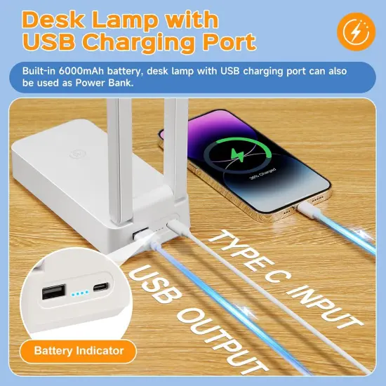 Small Desk Lamp, 6000 mAh Rechargeable Desk Lamps, 3 Colors & 15 Brightness Portable Light with Wireless Charger, Nail Lamp for Desk Puzzle Light {4}