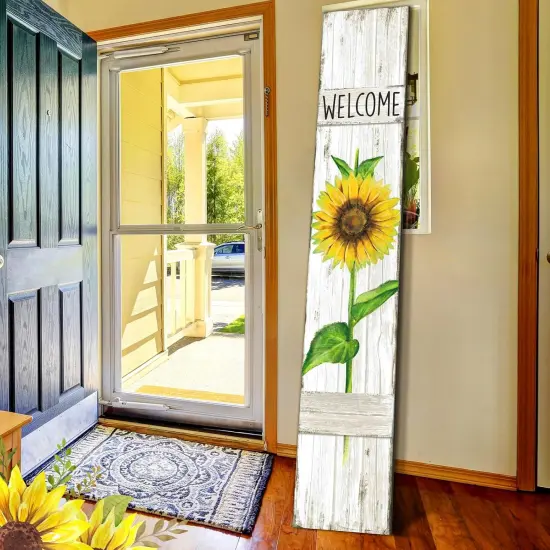 Spring Summer Porch Sign Sunflower Wooden Welcome Sign for Front Porch Standing Vertical Sign Rustic Spring Decor with White Background for Farmhouse Door Decoration, 42" H {5}