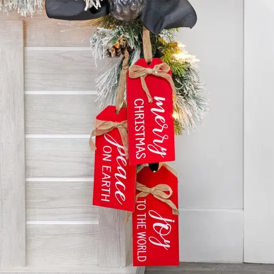 Giant Red Gift Tag Ornaments 3ct Wooden Christmas Decor {2}