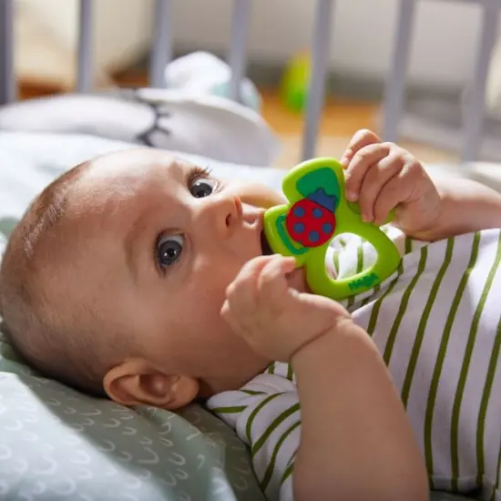 HABA Silicone Teethers for Babies 6-18 Months - Shamrock Silicone Teether Ring and Grasping Toy for Safe Sensory Development Multicolor {3}