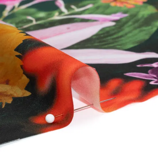 1 Yard Vibrant Silk Charmeuse Fabric Green, Pink and Yellow Floral Design 54 inch Width {2}