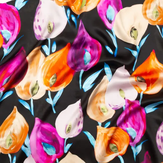 1 Yard Couture Silk Charmeuse Italian Floral Print Black, Pink & Orange Mood Exclusive 55 Inches Wide {1}