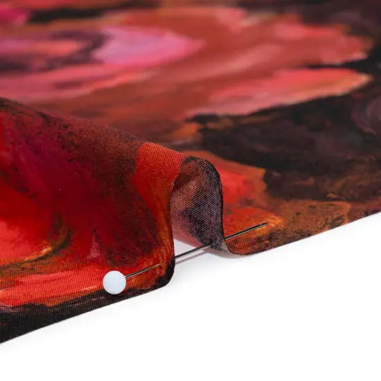 1 Yard Red Pink Brown Painted Roses Silk Charmeuse Fabric 53 inch Width {2}