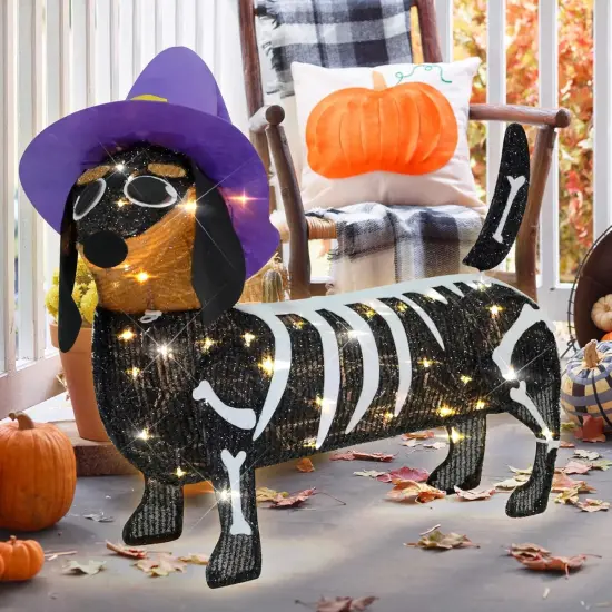 Pre-lit 25.5 Inches Long Halloween Skeleton Dachshund Dog Lighted Decor {3}