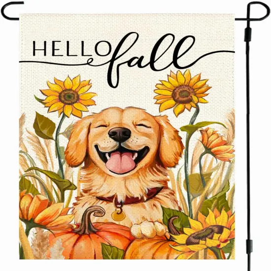 12x18 Inch - Hello Fall Dog Garden Yard Flag (Orange) {5}