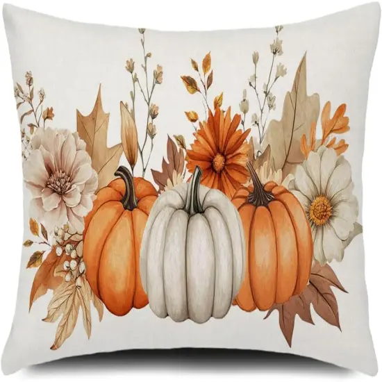 Fall Pillow Cover 12x20 inch Pumpkins Autumn Leaves Throw Pillow Cushion Case (Orange Beige Brown) {2}