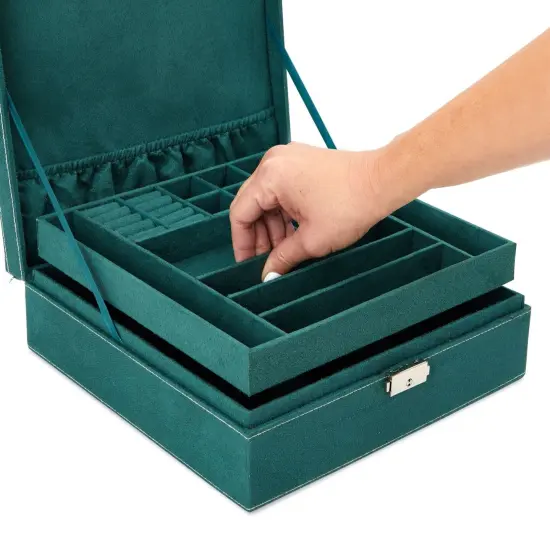 Velvet Jewelry Box Organizer - Lockable 2 Layer Travel Case, Earrings Storage with Removable Tray for Women, Men (Green) {5}