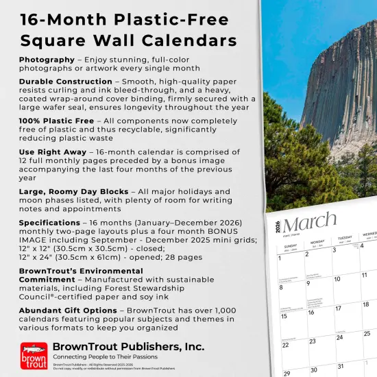 Wyoming Wild & Scenic | 2026 12 x 24 Inch (Hanging) Monthly Square Wall Calendar | Plastic-Free {6}